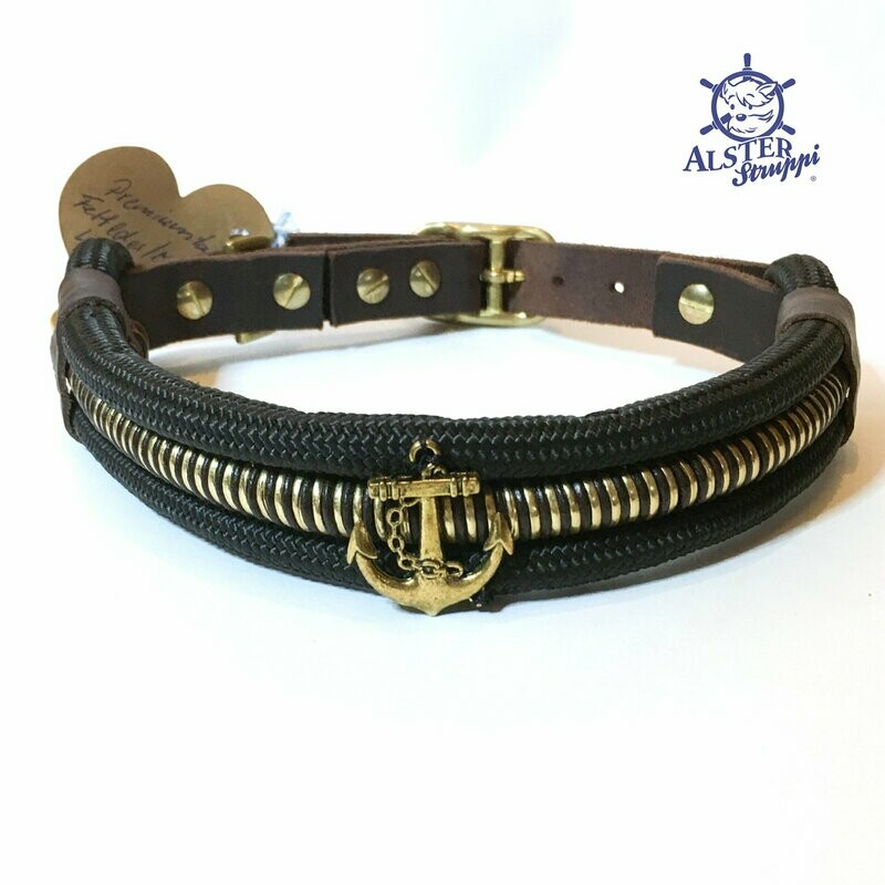 Tauhalsband verstellbar schwarz gold Anker sehr edel mit Leder und Schnalle