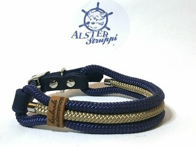 Hundehalsband blau goldbeige mit Schnalle ab 17 cm Halsumfang