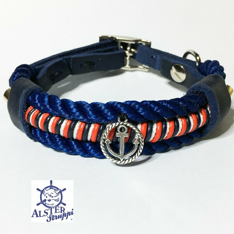 Tauhalsband verstellbar blau rot weiß Anker sehr edel mit Leder und Schnalle