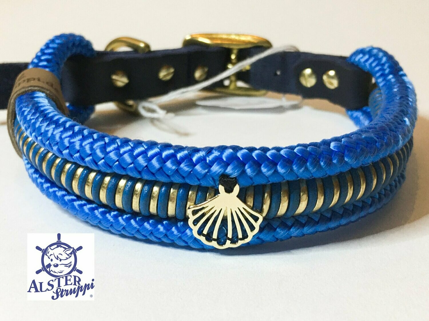 Hundehalsband verstellbar blau gold mit Muschel, Schnalle und Leder