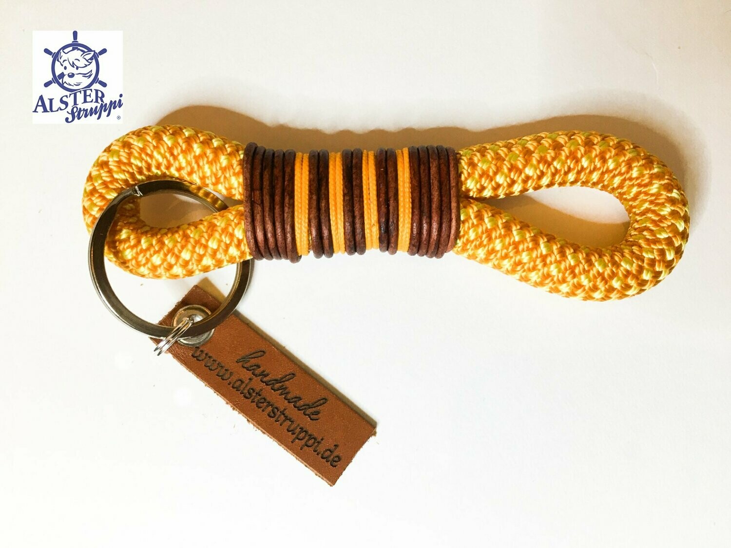 Schlüsselanhänger gelb orange aus Tau mit Leder