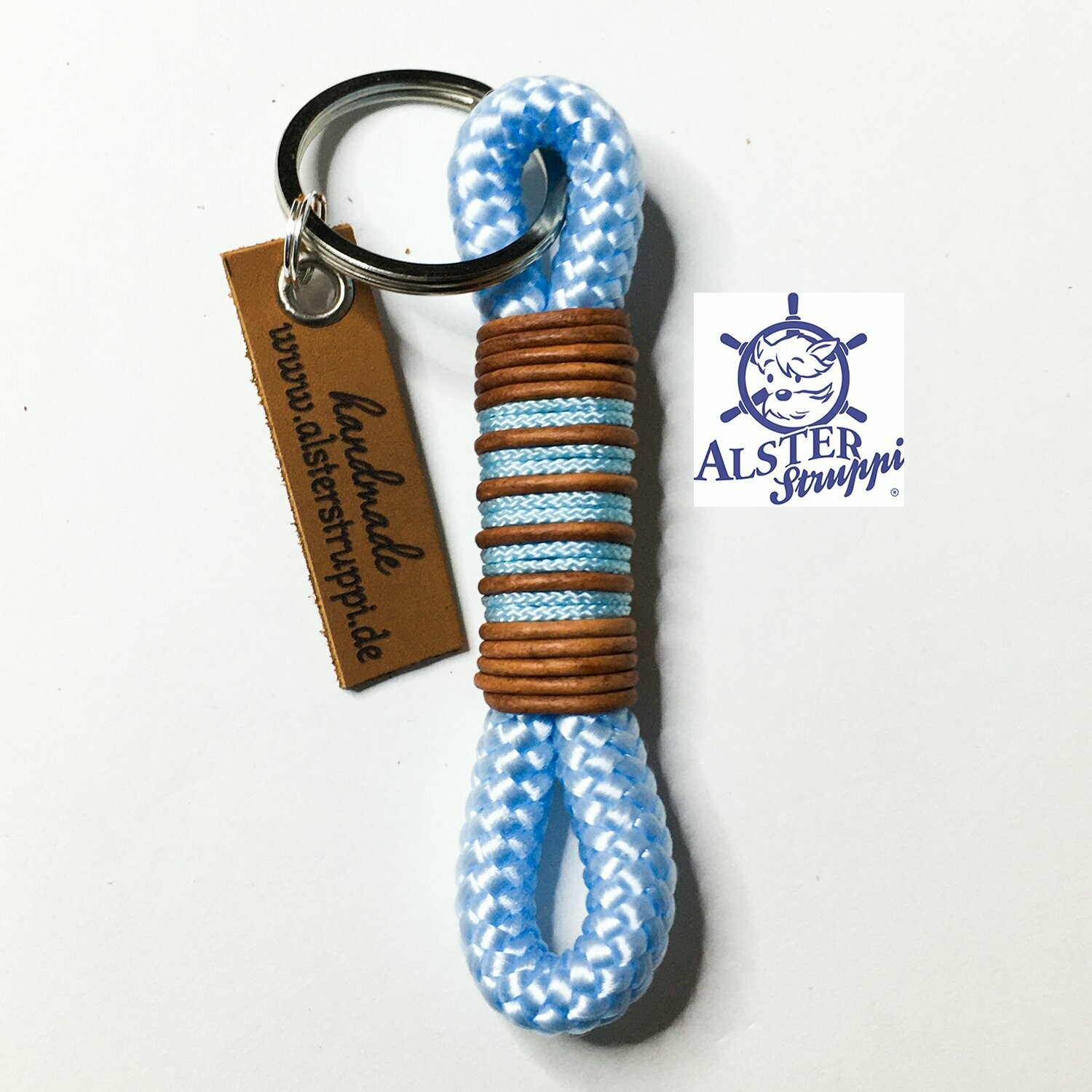 Schlüsselanhänger hellblau aus Tau mit Leder