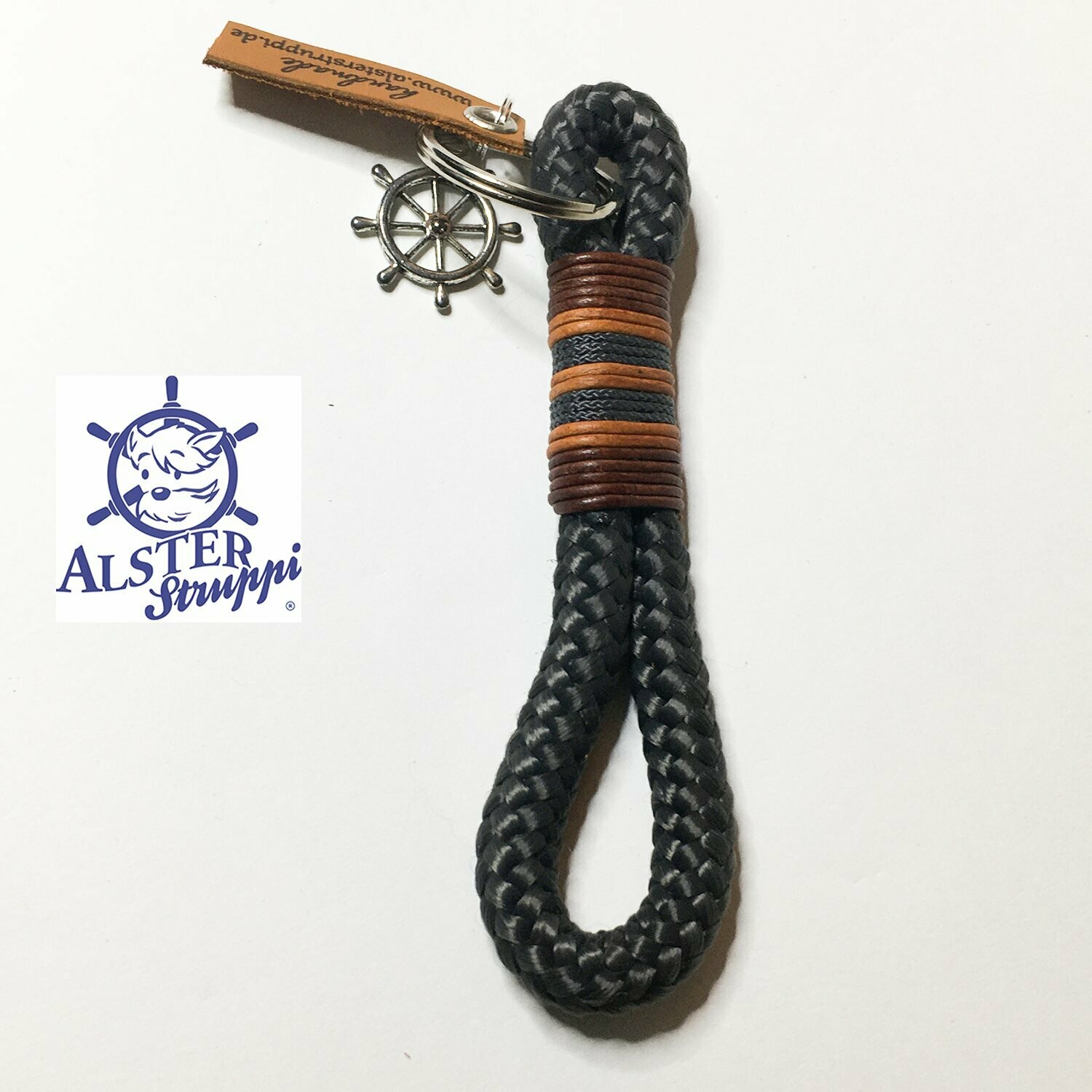 Schlüsselanhänger anthrazit mit Steuerrad aus Tau mit Leder