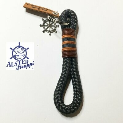 Schlüsselanhänger anthrazit mit Steuerrad aus Tau mit Leder