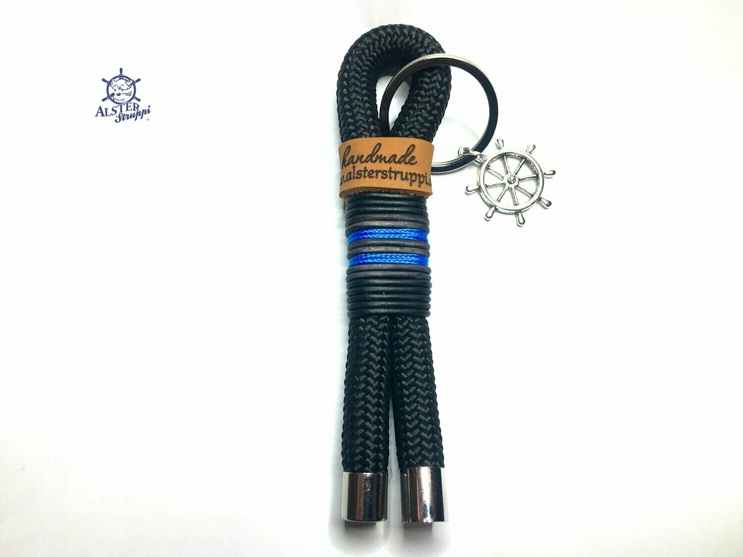 Schlüsselanhänger schwarz blau aus Tau mit Leder