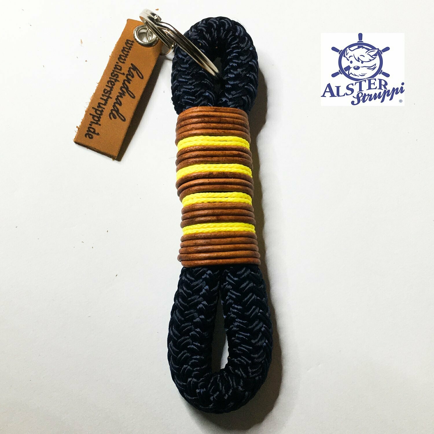 Schlüsselanhänger blau gelb aus Tau mit Leder
