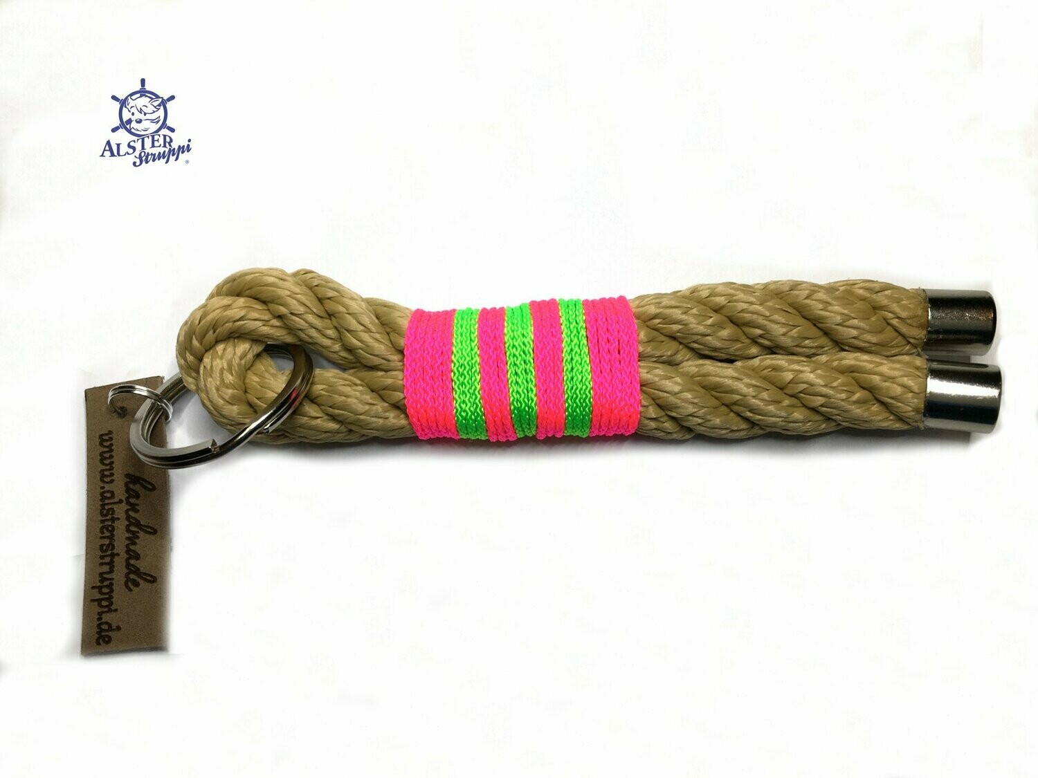 Schlüsselanhänger natur neonpink neongrün aus Tau mit Leder