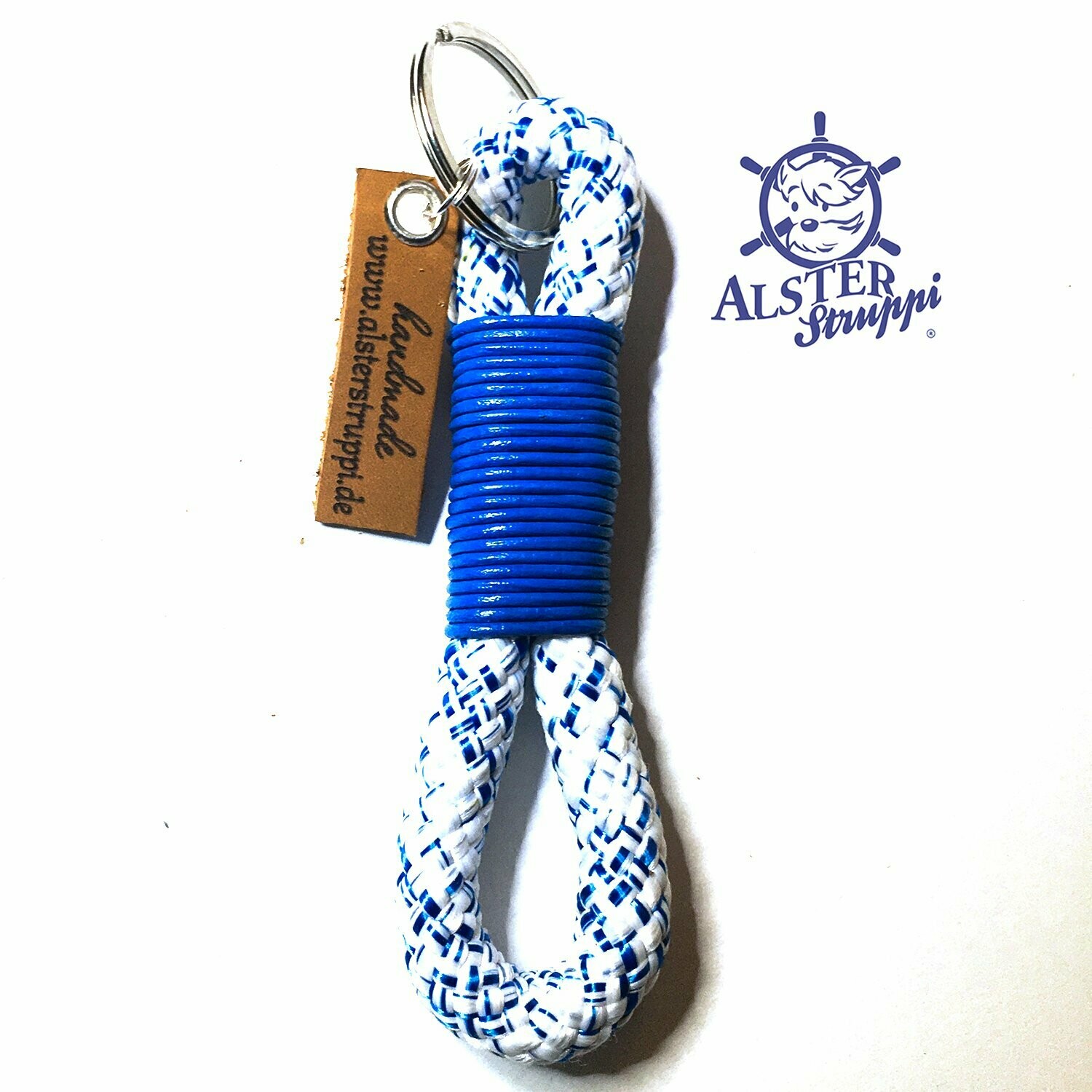 Schlüsselanhänger blau weiß aus Tau mit Leder