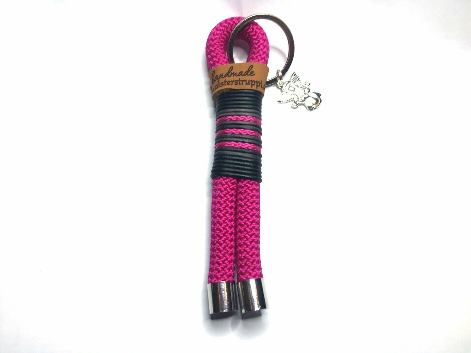 Schlüsselanhänger pink schwarz aus Tau mit Leder