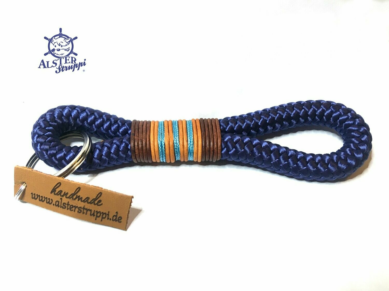 Schlüsselanhänger blau aus Tau mit Leder
