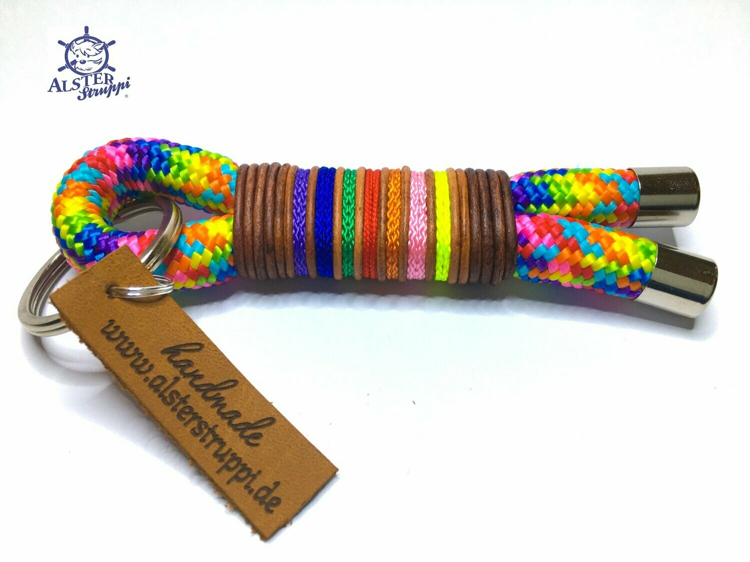 Schlüsselanhänger regenbogen bunt aus Tau mit Leder