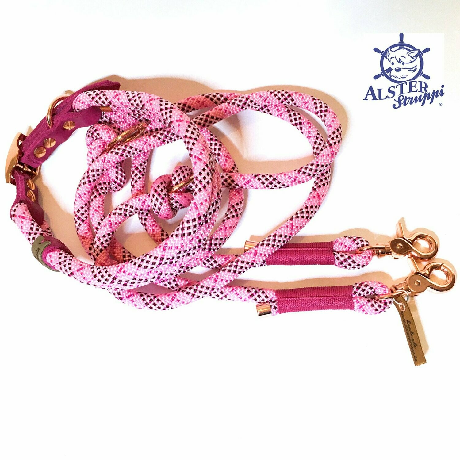 Leine Halsband Set rosa bordeaux pink weiß, für mittelgroße Hunde,  verstellbar