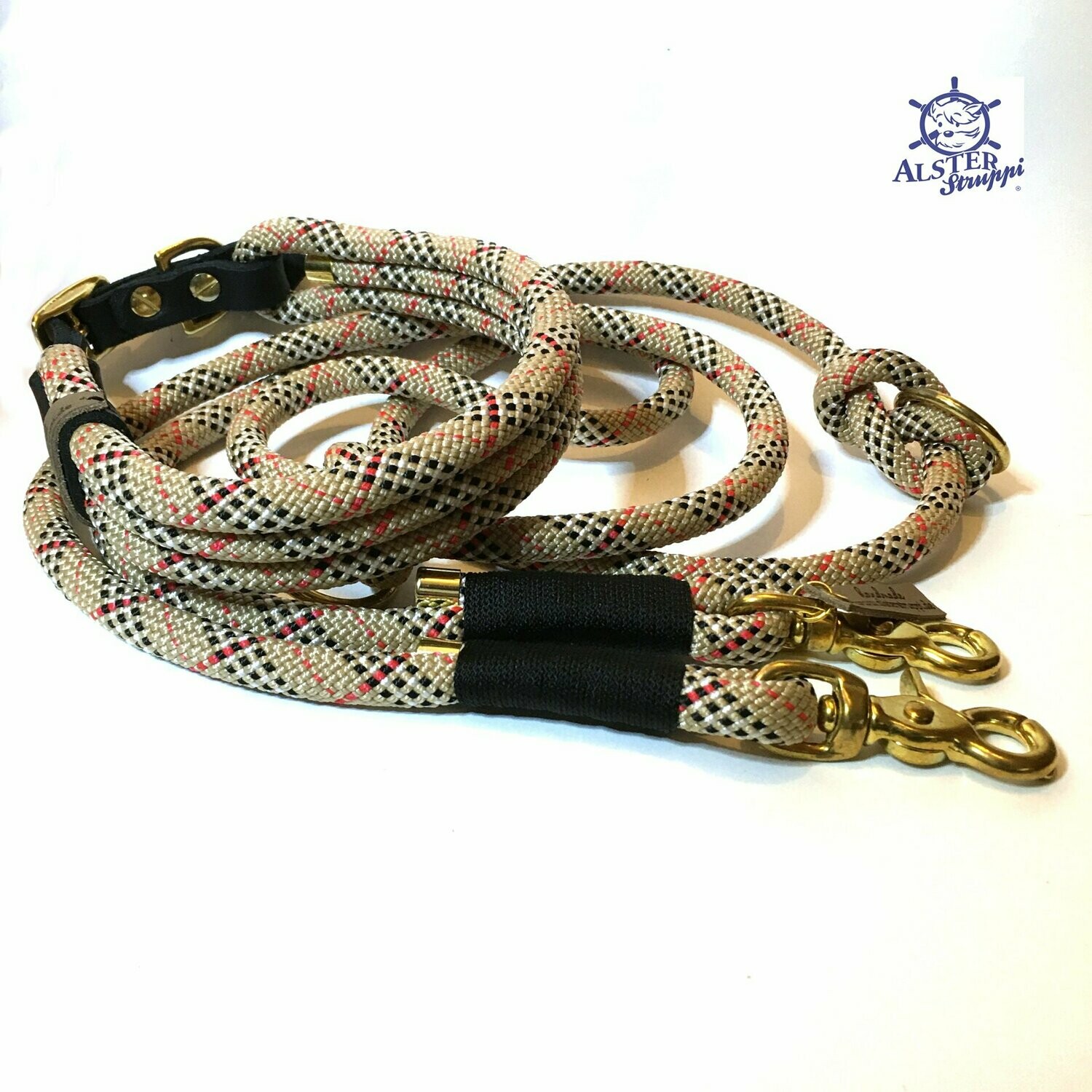 Leine Halsband Set beige rot schwarz weiß, für mittelgroße Hunde, verstellbar
