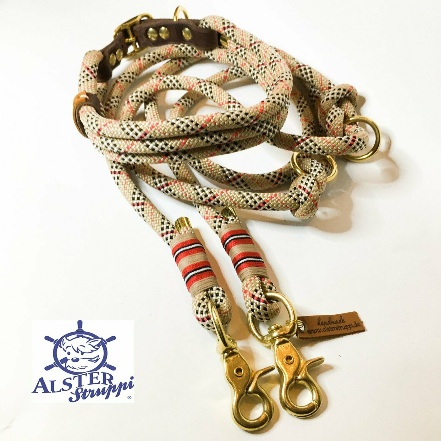 Leine Halsband Set beige rot schwarz weiß, für mittelgroße Hunde, verstellbar