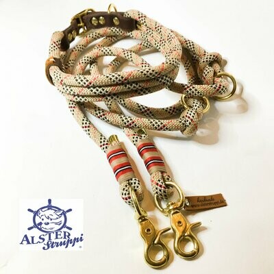 Leine Halsband Set beige rot schwarz weiß, für mittelgroße Hunde, verstellbar
