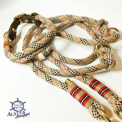 Leine Halsband Set beige rot schwarz weiß, verstellbar, britisch style