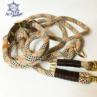 Leine Halsband Set beige rot schwarz weiß, verstellbar, britisch style