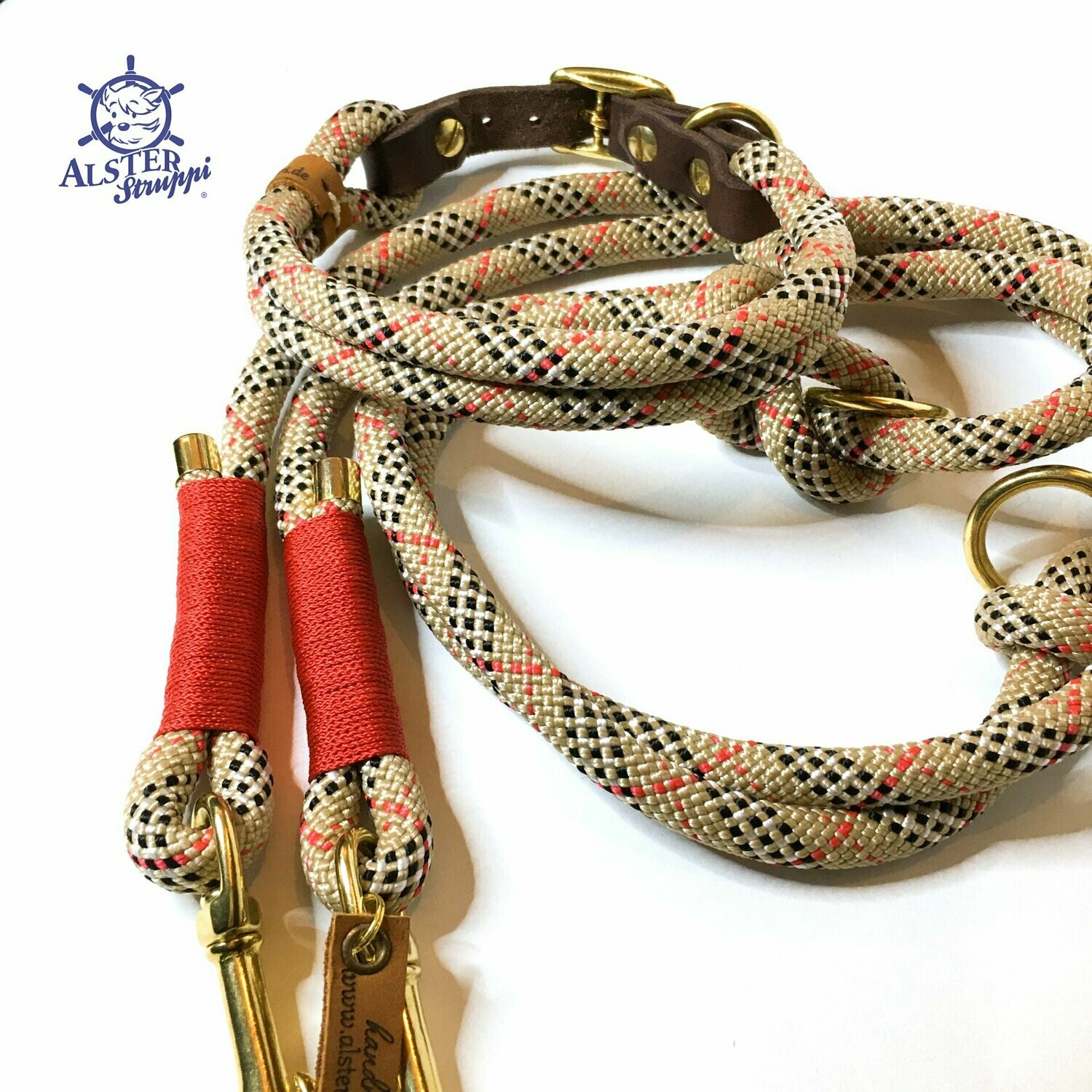Leine Halsband Set beige rot schwarz weiß, verstellbar, britisch style