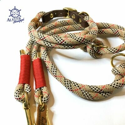 Leine Halsband Set beige rot schwarz weiß, verstellbar, britisch style