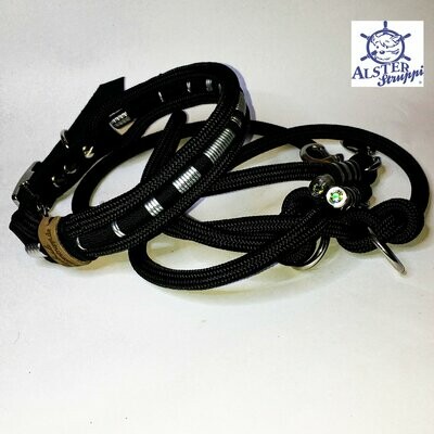 Leine Halsband Set schwarz silber sehr edel mit Kristallstein auf Wunsch
