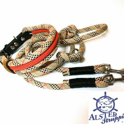 Leine Halsband Set beige rot schwarz weiß, verstellbar, britisch style