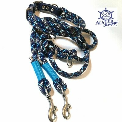 Für Sandra - Leine Halsband Set blau goldbeige weiß verstellbar, mit Leder, mit passendem Schlüsselanhänger