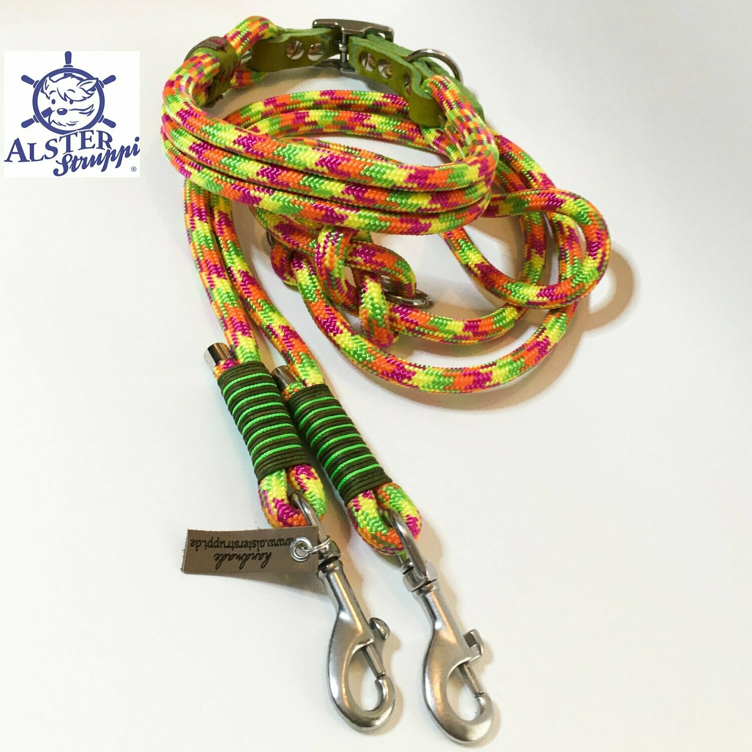 Leine Halsband Set gelb pink grün orange verstellbar, mit Leder