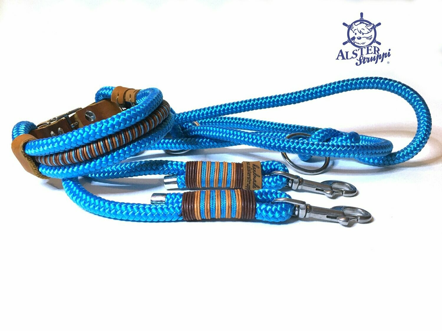 Leine Halsband Set ozeanblau mit Leder gewickeltem Innentau