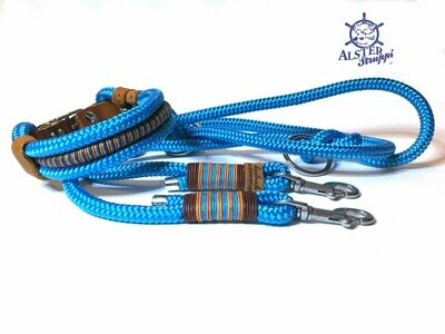 Leine Halsband Set ozeanblau mit Leder gewickeltem Innentau