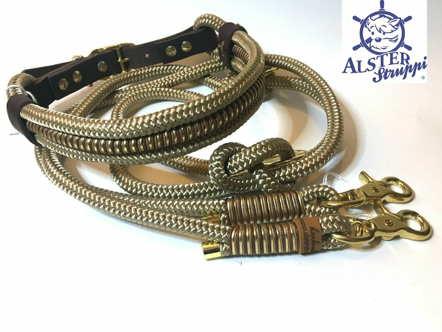 Leine Halsband Set gold beige braun mit umwickeltem Innentau