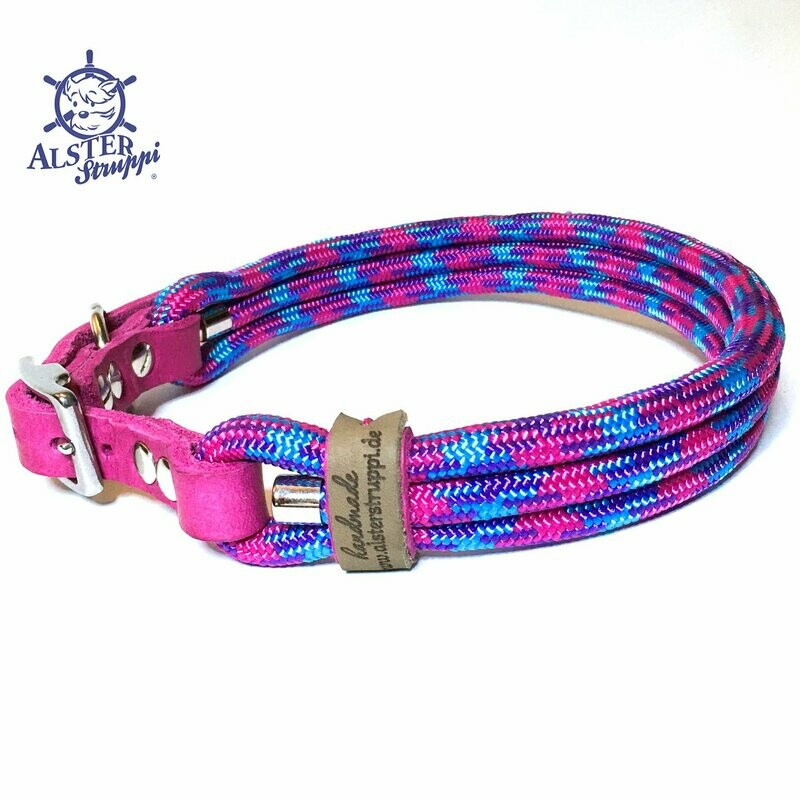 Hundehalsband verstellbar türkis pink lila mit Leder und Schnalle