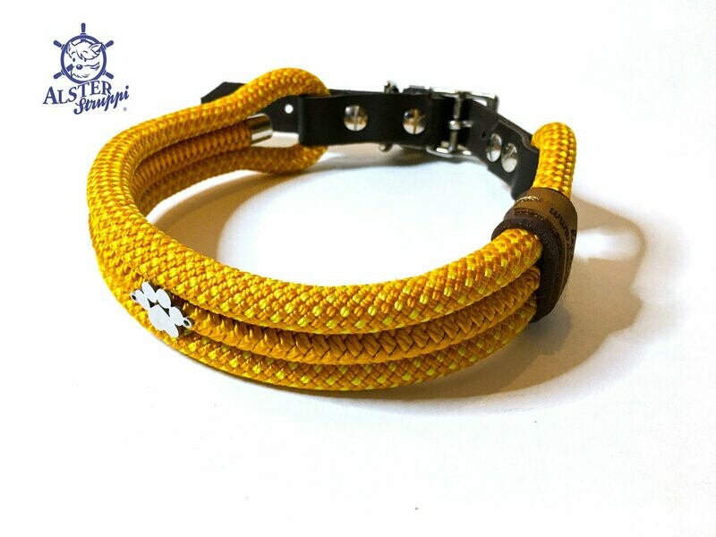 Hundehalsband gelb orange mit Pfote, Schnalle und Leder