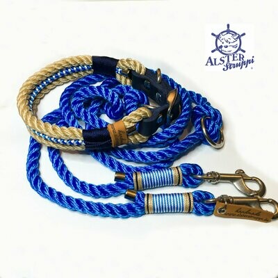 Leine Halsband Set natur royalblau, marine, verstellbar