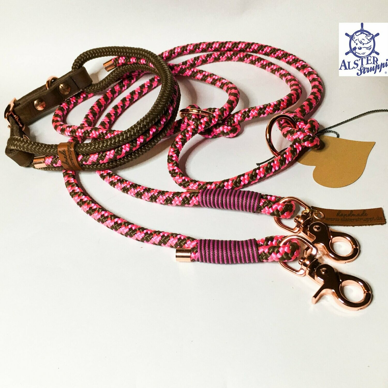 Leine Halsband Set rosa braun rosegold, verstellbar