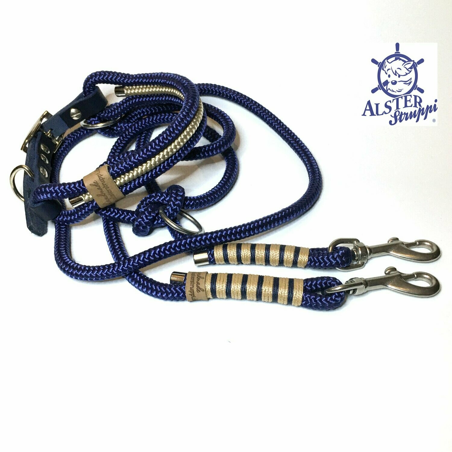 Leine Halsband Set blau beige verstellbar, mit Leder