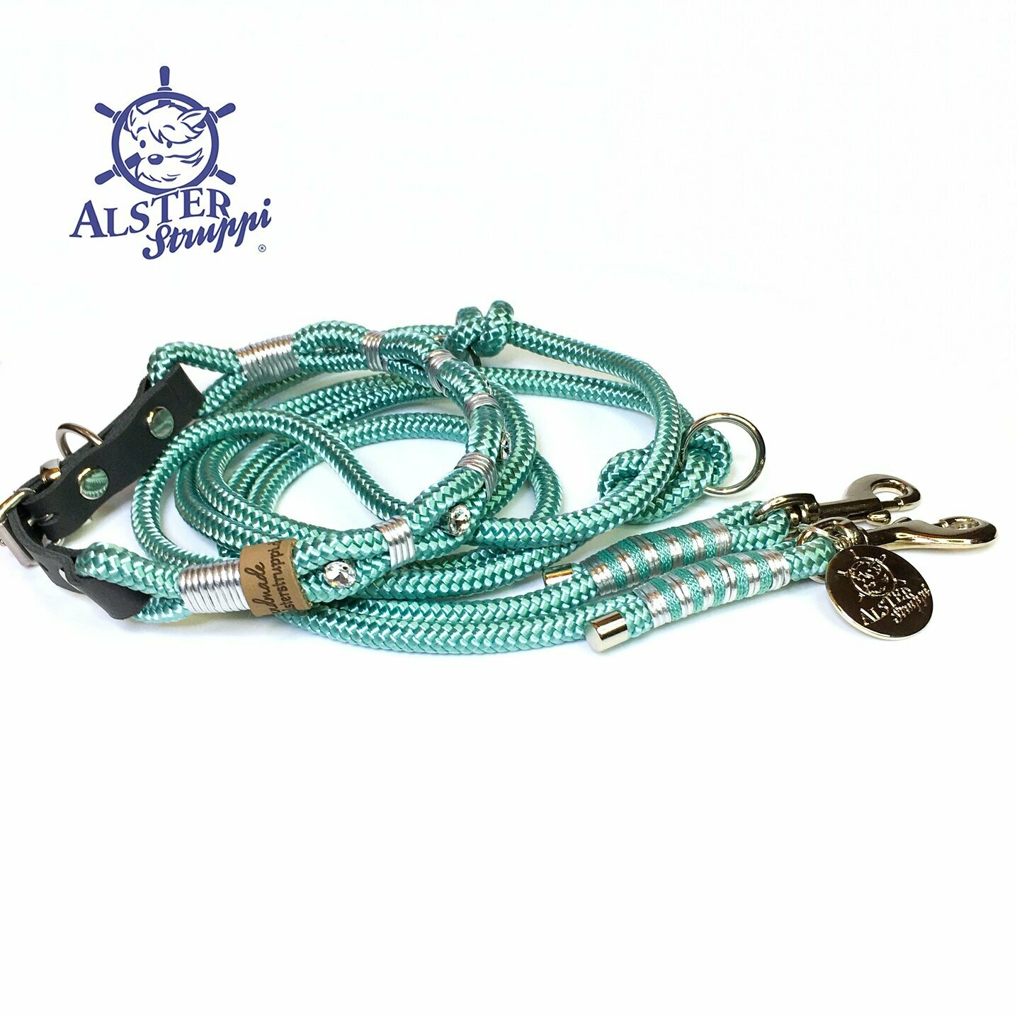 Leine Halsband Set mint silber sehr edel mit Strasssteinen