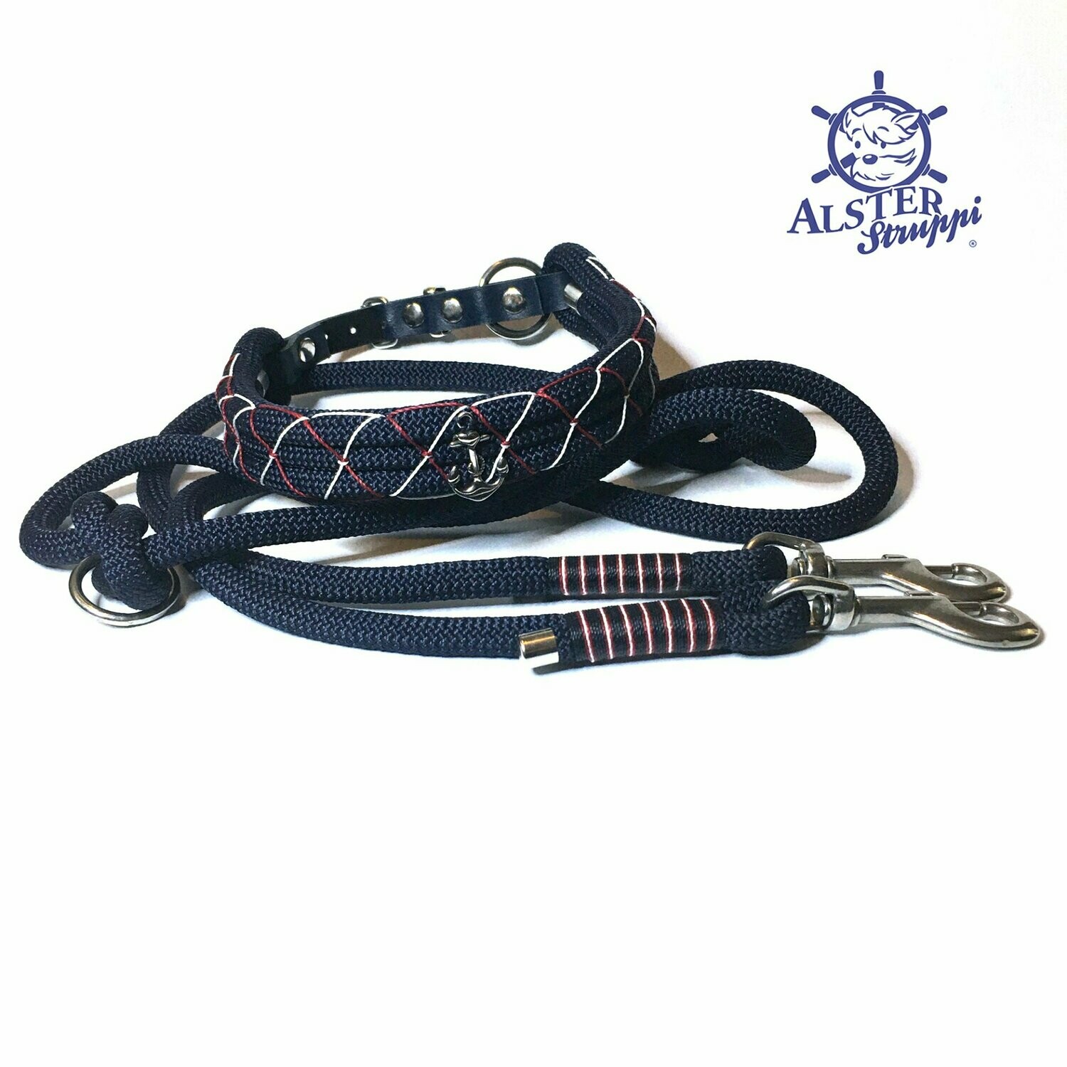 Leine Halsband Set dunkelblau weinrot weiß auf Wunsch mit Edelstahlbeschlägen verstellbar mit Leder und Schnalle