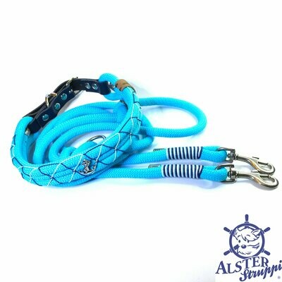 Leine Halsband Set türkis dunkelblau weiß auf Wunsch mit Edelstahlbeschlägen verstellbar mit Leder und Schnalle