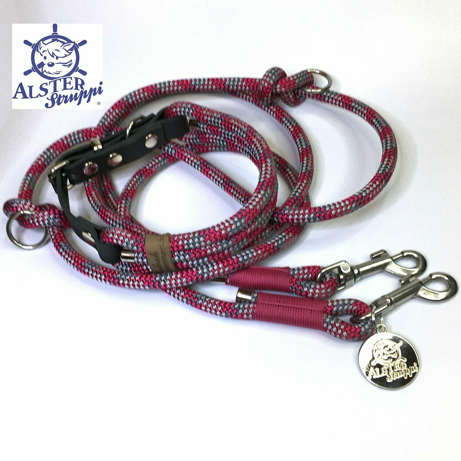 Leine Halsband Set beere, silbergrau grau, verstellbar, mit Leder