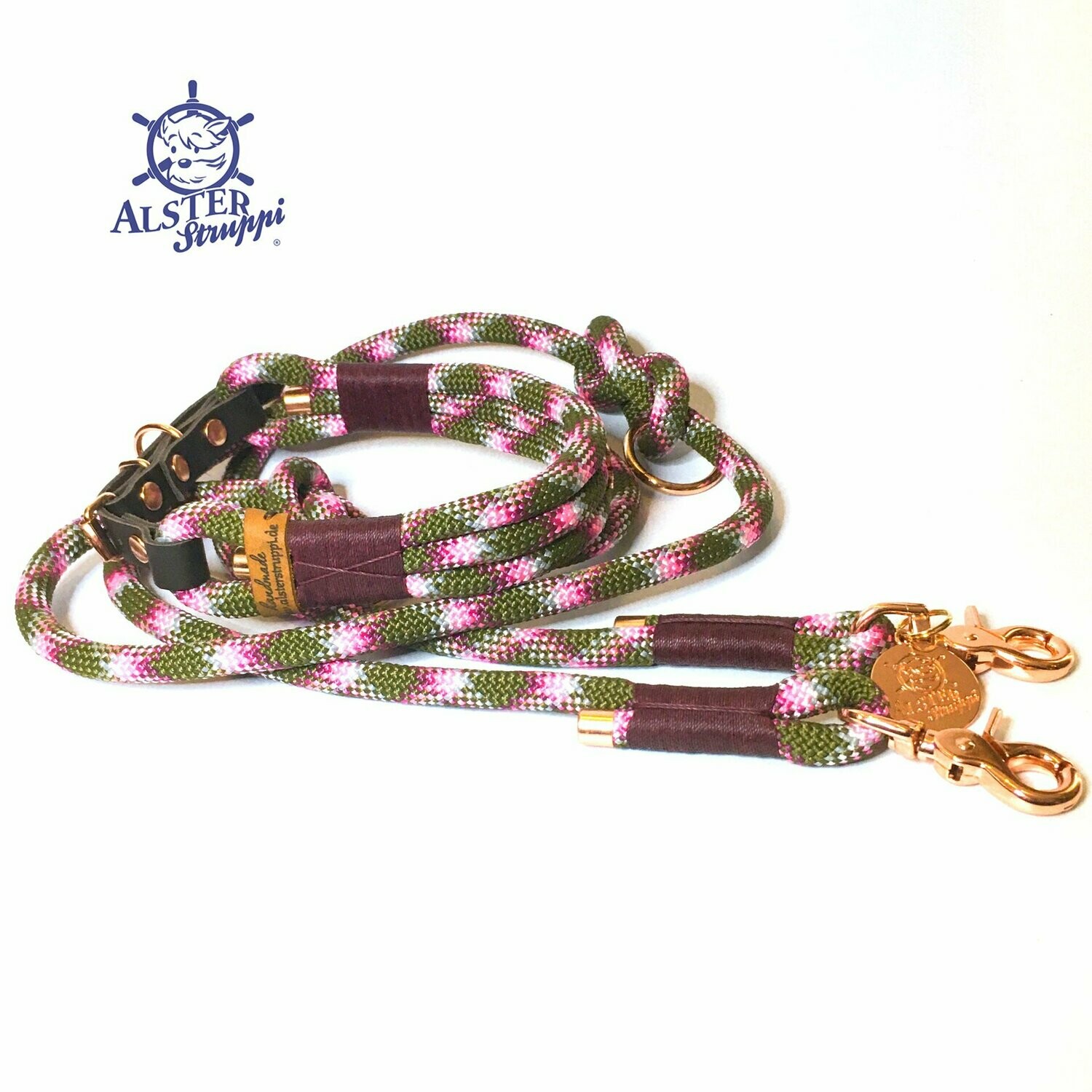 Leine Halsband Set verstellbar oliv beere bordeaux mit Pfote mit Leder und Schnalle