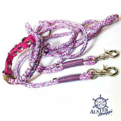 Leine Halsband Set lila, pink, türkis, auf Wunsch mit Edelstahlbeschlägen verstellbar mit Leder und Schnalle