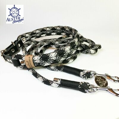 Leine Halsband Set schwarz weiß silber Glitzer verstellbar, mit Leder