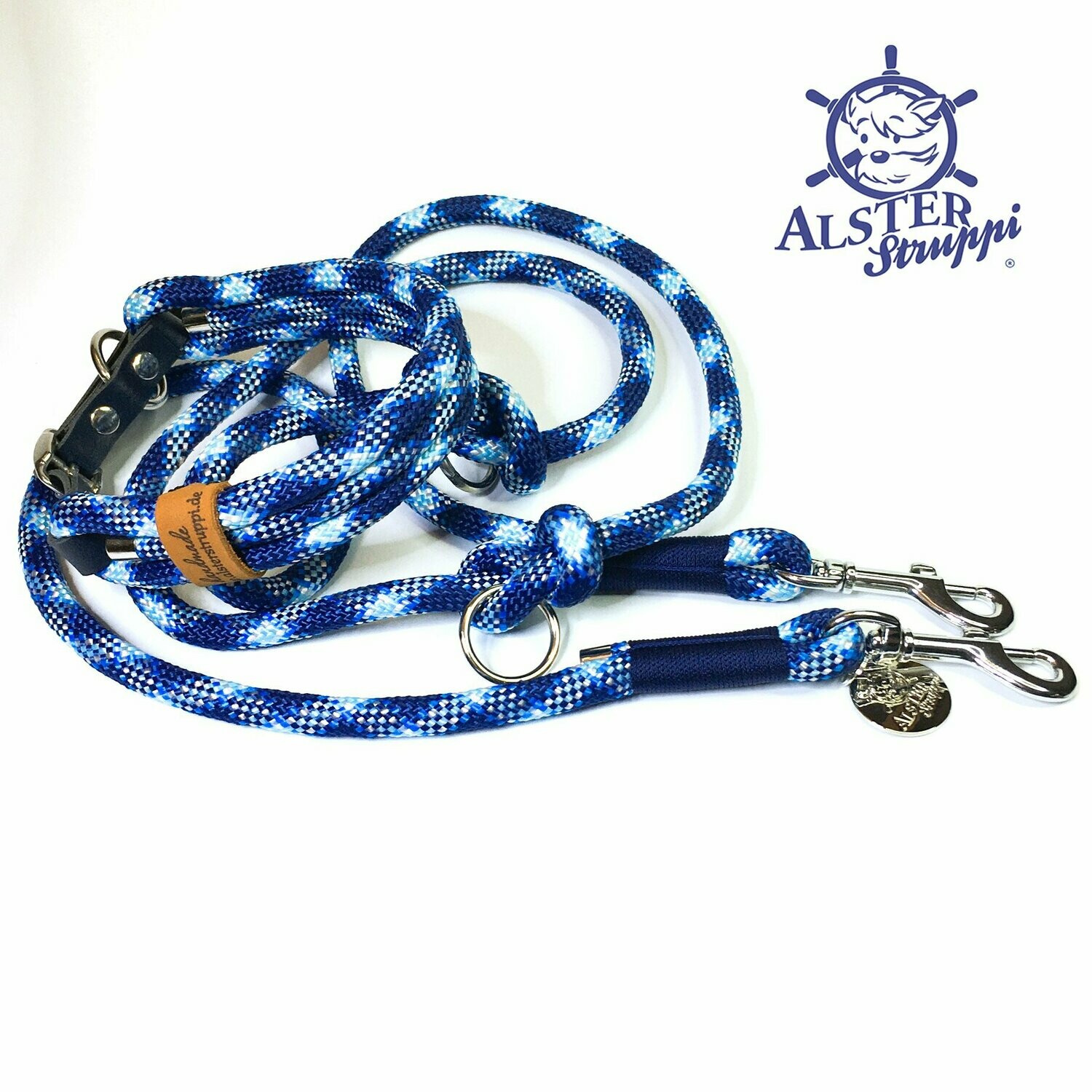 Leine Halsband Set dunkelblau blau weiß verstellbar, mit Leder