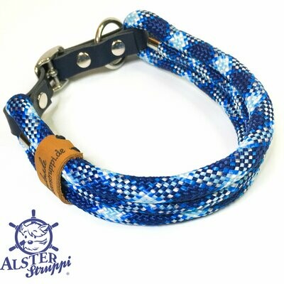 Für Martina . Hundehalsband für einen eng gemessenen Halsumfang von 39,5 cm, dunkelblau, blau, weiß verstellbar, mit Leder in Dunkelblau