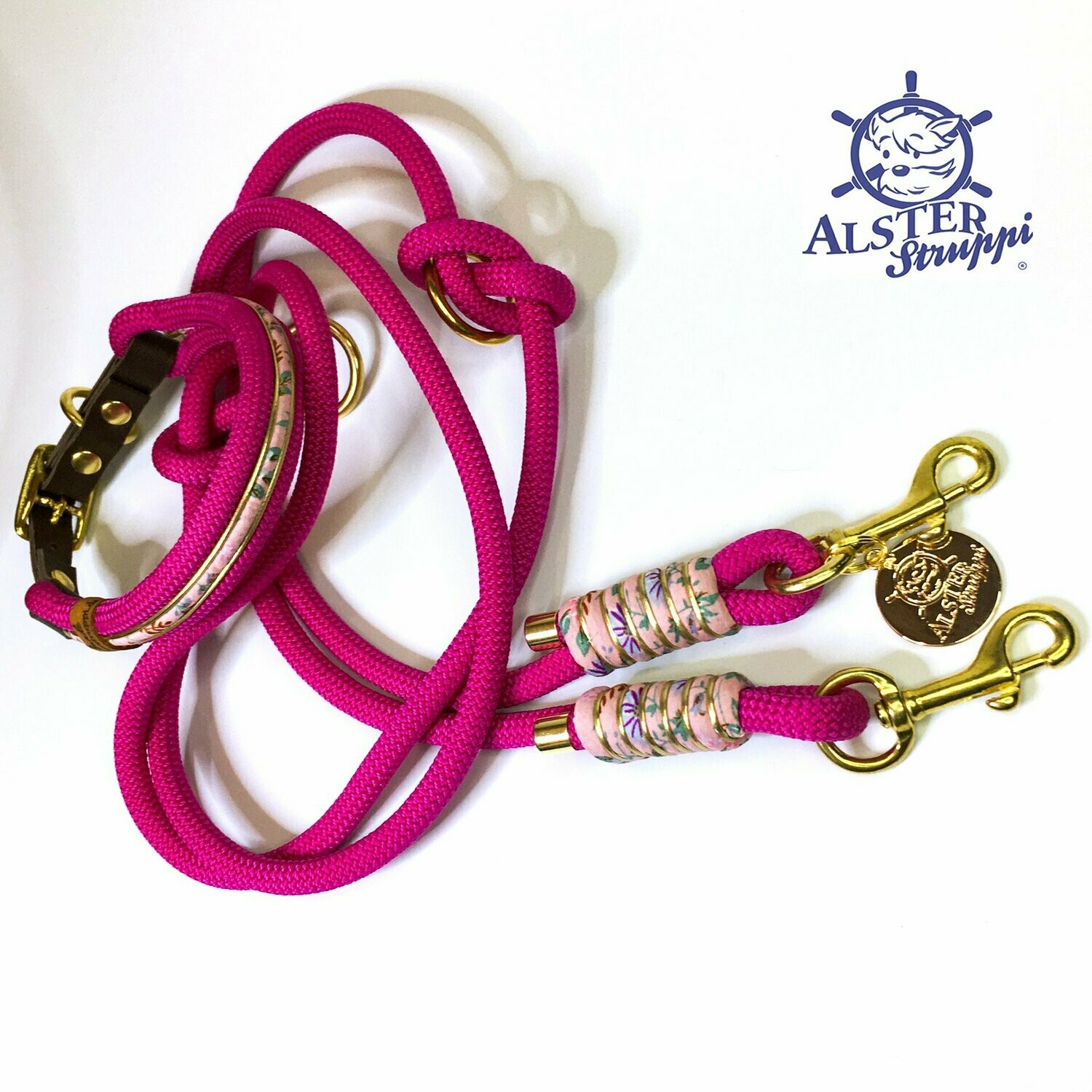 Leine Halsband Set pink rosa gold mit Leder und Schnalle, mit Blütenmuster