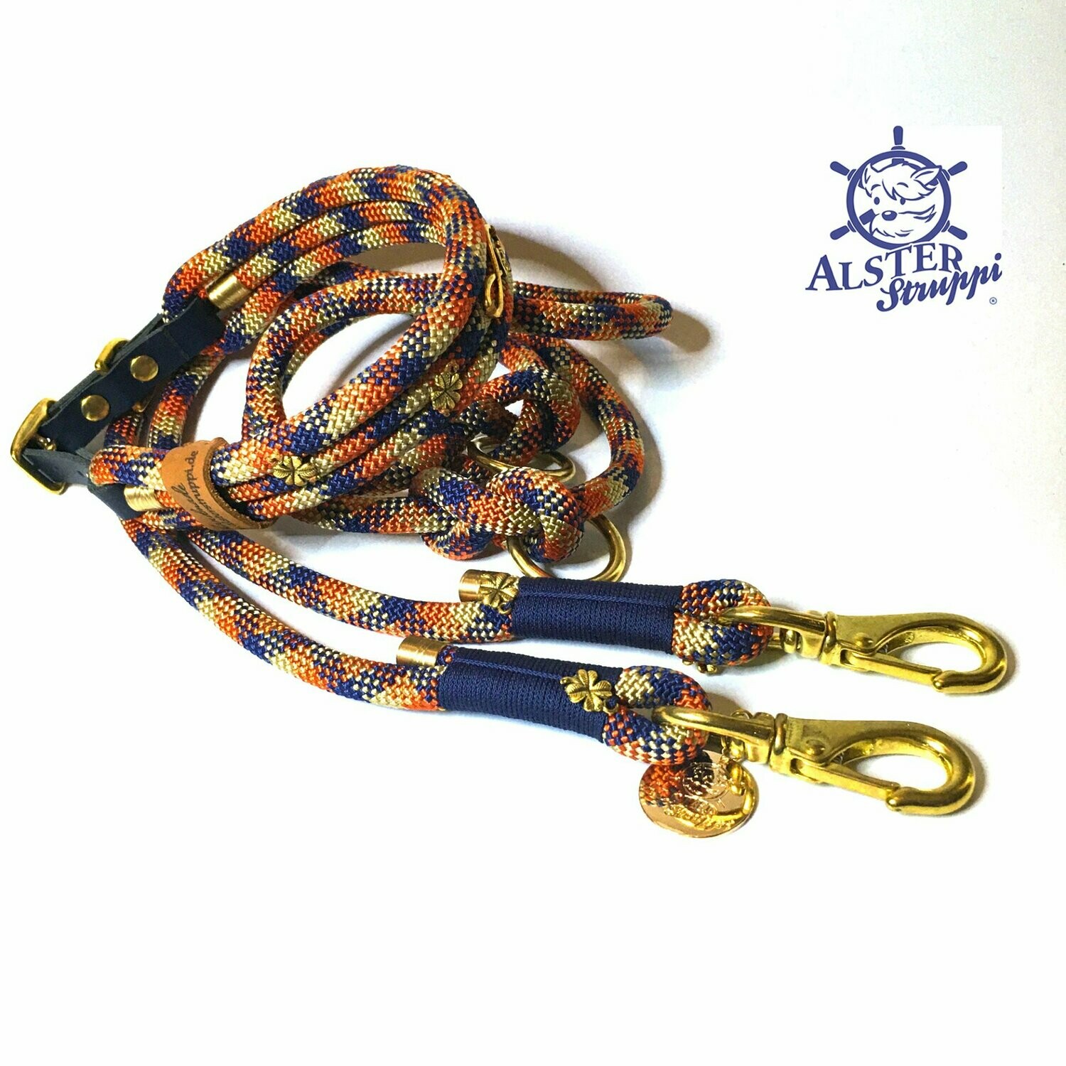 Leine Halsband Set verstellbar, blau, orangerot, goldbeige, mit Leder und Schnalle  ab 108,00 €