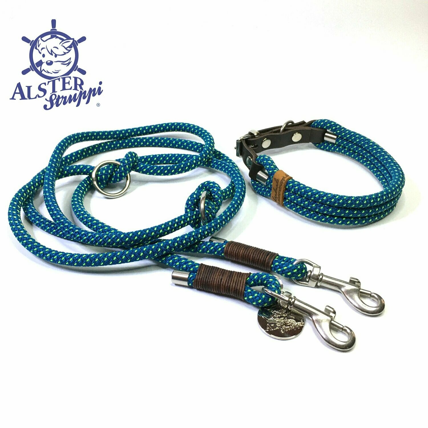 Leine Halsband Set verstellbar, petrol, neongelb, Wunschlänge, mit Leder und Schnalle ab 108,00 €