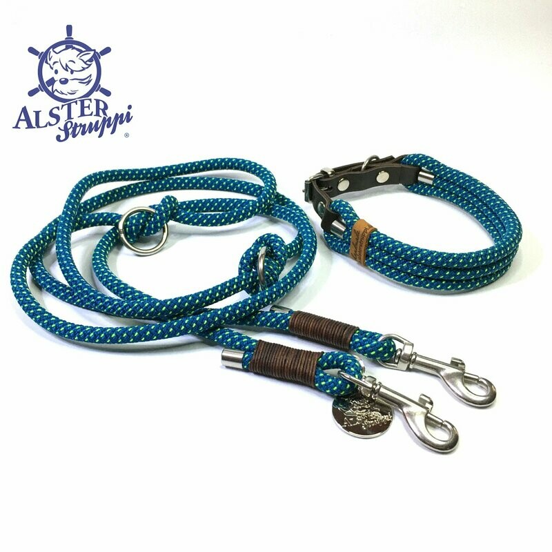 Leine Halsband Set verstellbar, petrol, neongelb, Wunschlänge, mit Leder und Schnalle  ab 108,00 €
