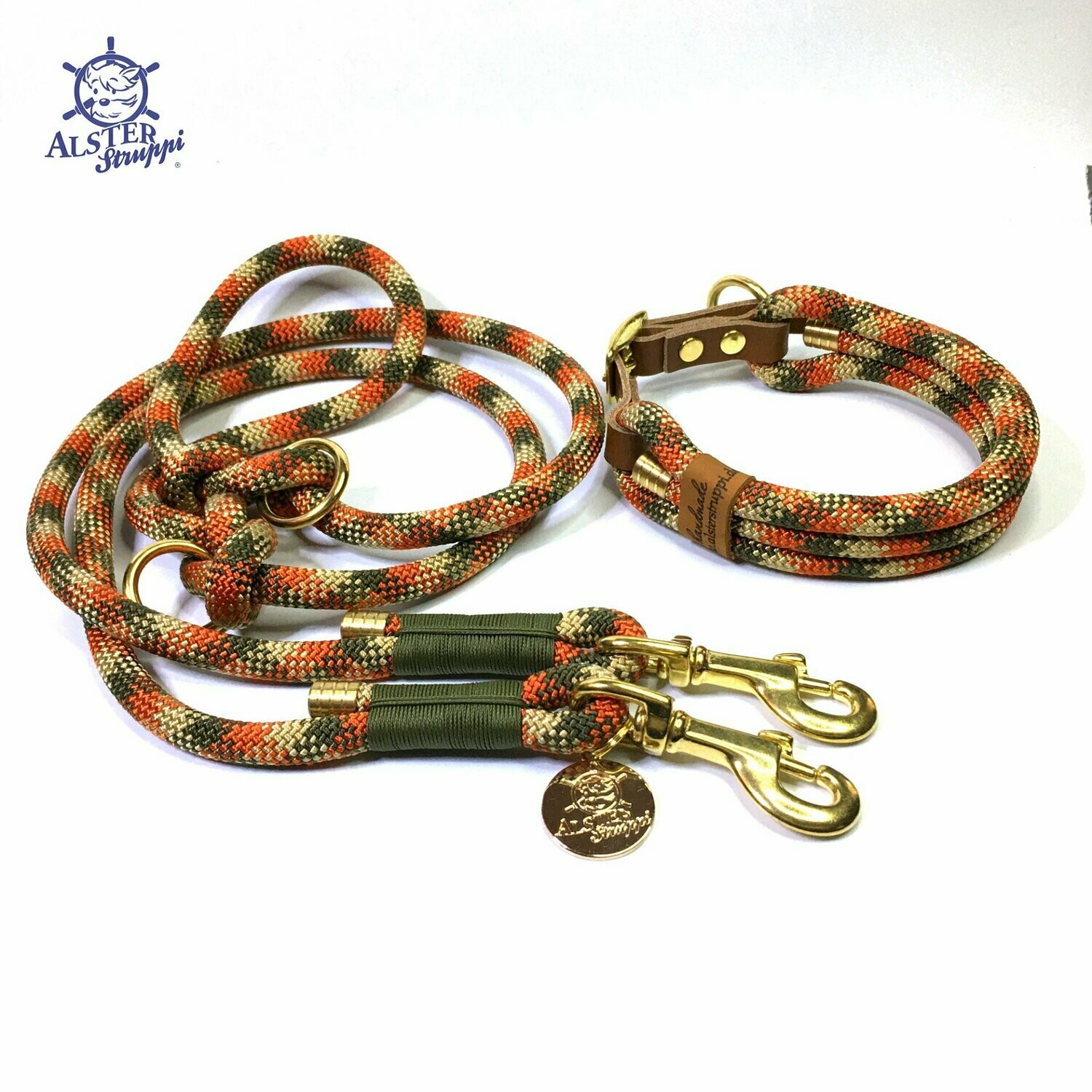 Leine Halsband Set verstellbar, beige, oliv, orange, Wunschlänge, mit Leder und Schnalle  ab 108,00 €