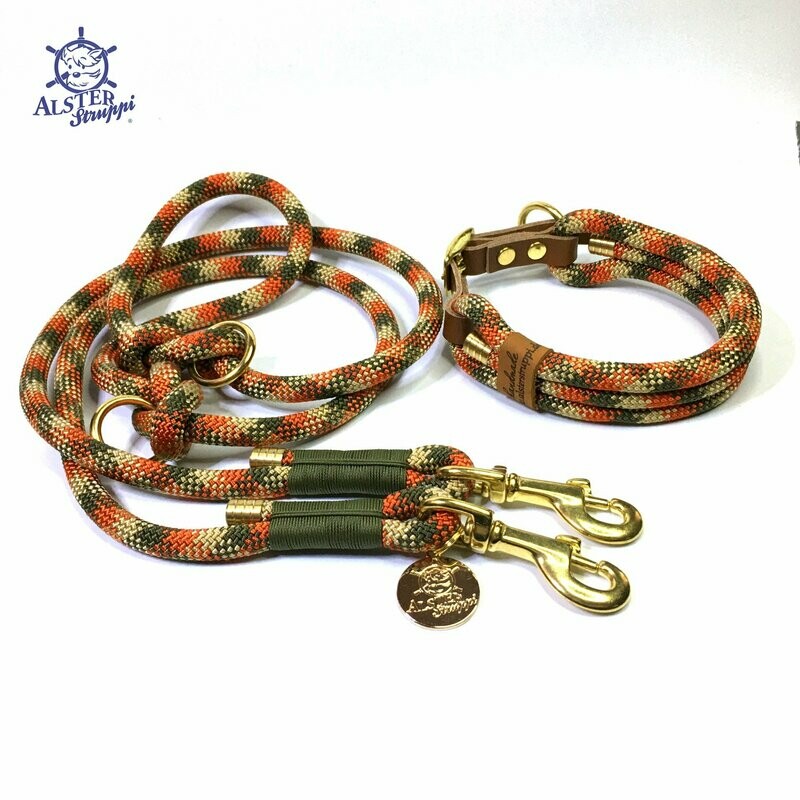 Leine Halsband Set verstellbar, beige, oliv, orange, Wunschlänge, mit Leder und Schnalle  ab 108,00 €